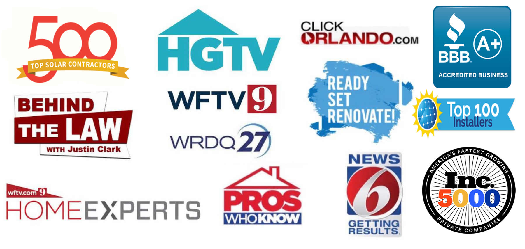 Collection of solar industry recognition and media logos, including Top Solar Contractors, HGTV, WFTV, BBB, and Inc. 5000