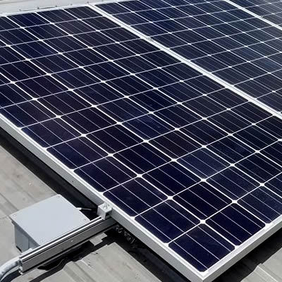 Close-up photograph of rooftop solar panels